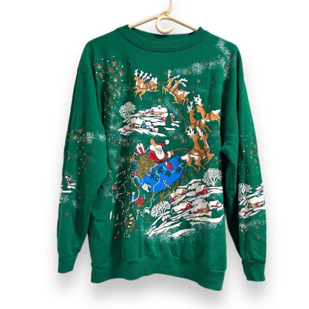 Vintage 90s Christmas Green Santa Claus Winter Sweatshirt Puff Glitter Sz Large